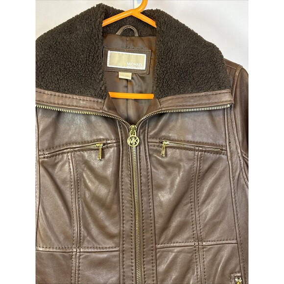 Michael Kors Brown Leather Jacket L Moto Biker Zip Faux Fur Collar Gold Accents - Picture 2 of 10